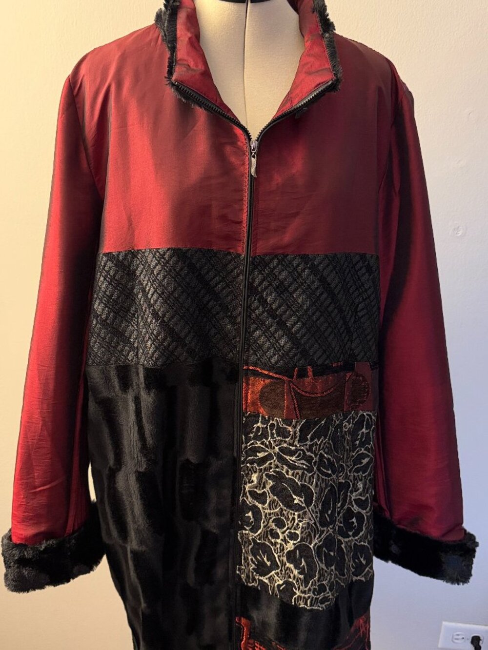 Burgundy Jacket  Lindi - style brocade inserts size XL